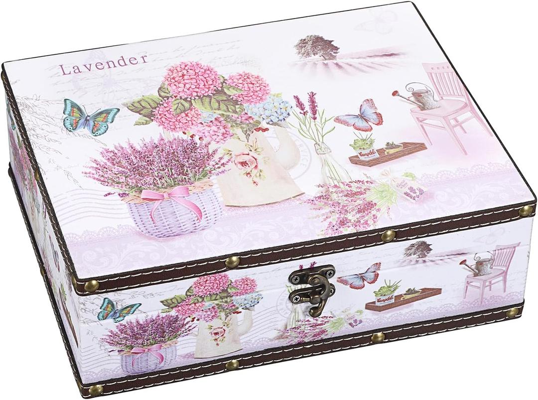 ELLDOO Wooden Treasure Chest Box, Wooden + PU Leather Storage Decorative Box for Jewelry Trinkets Photos, Vintage Rectangular Keepsakes Box for Girls Women Gifts (Lavender Pattern)