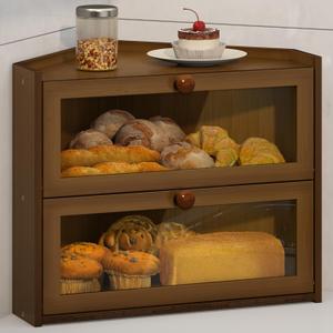 JANSNIMEN Corner Bread Box for Kitchen Countertop, Large Bread Container Storage Bamboo Wooden Farmhouse Bread Box with Window Bread Holder (Brown)