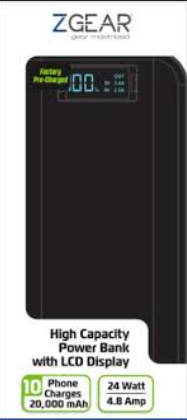 ZGEAR 20,000 mAh High Capacity Power Bank With LCD Display