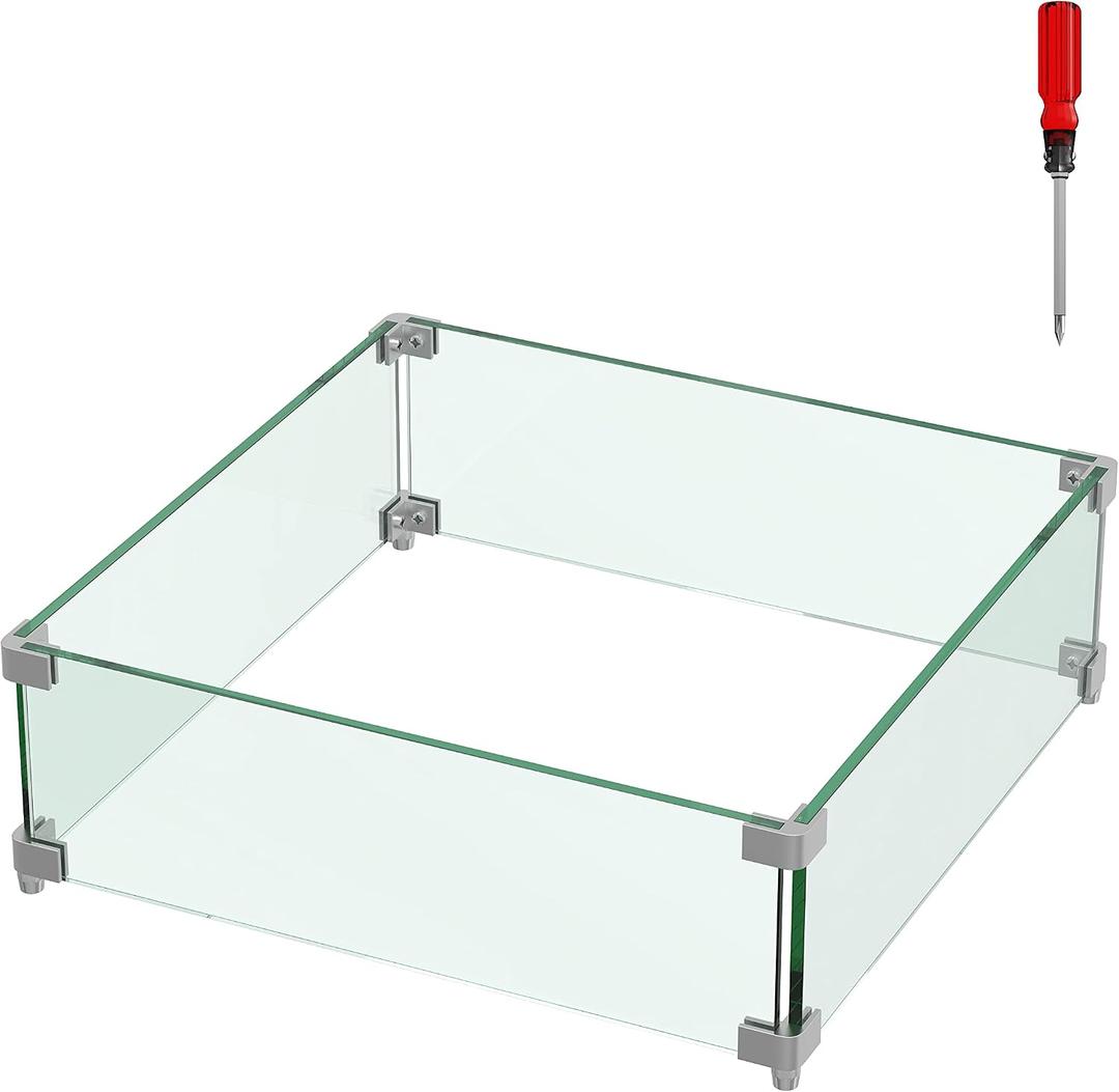 20"x20"x6" Square Fire Pit Wind Guard, Guard for 28-32 inch Fire Pit Table, 5/16 Inch Thickness Clear Tempered Glass