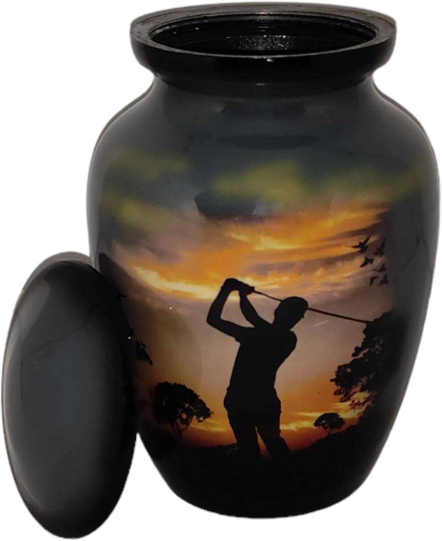 Small Cremation Urn for Human Ashes - 6 x 4 inch, 650 ml, Golfer Design, Aluminum, Handcrafted Memorial Container