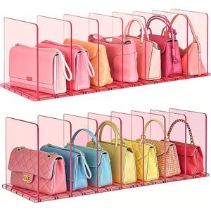 SortNStore Purse Organizer for Closet: Shelf Dividers Adjustable Acrylic Bag Closet Organizers and Storage Pink 4 Bases 14 Shelves