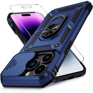 Weycolor for iPhone 14 Pro Max Case with Camera Lens Cover, HD Screen Protector, 10 FT Military Grade Drop Protection, Magnetic Ring Holder Kickstand Protective Phone Case, Navy Blue