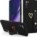 Fiyart Designed for Samsung Galaxy Note 20 Case with Phone Stand Holder Cute Love Hearts Protective Camera Protection Cover with Wrist Strap for Women Girls for Galaxy Note 20 6.7"-Black