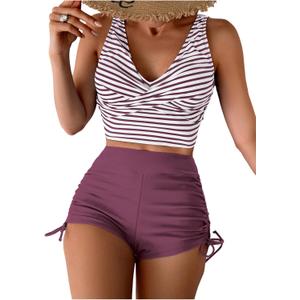 SOLY HUX Women's Striped Tankini Swimsuits V Neck Twist Swim Tops and Drawstring High Waisted Shorts Two Piece Bathing Suit Multicolor, Large