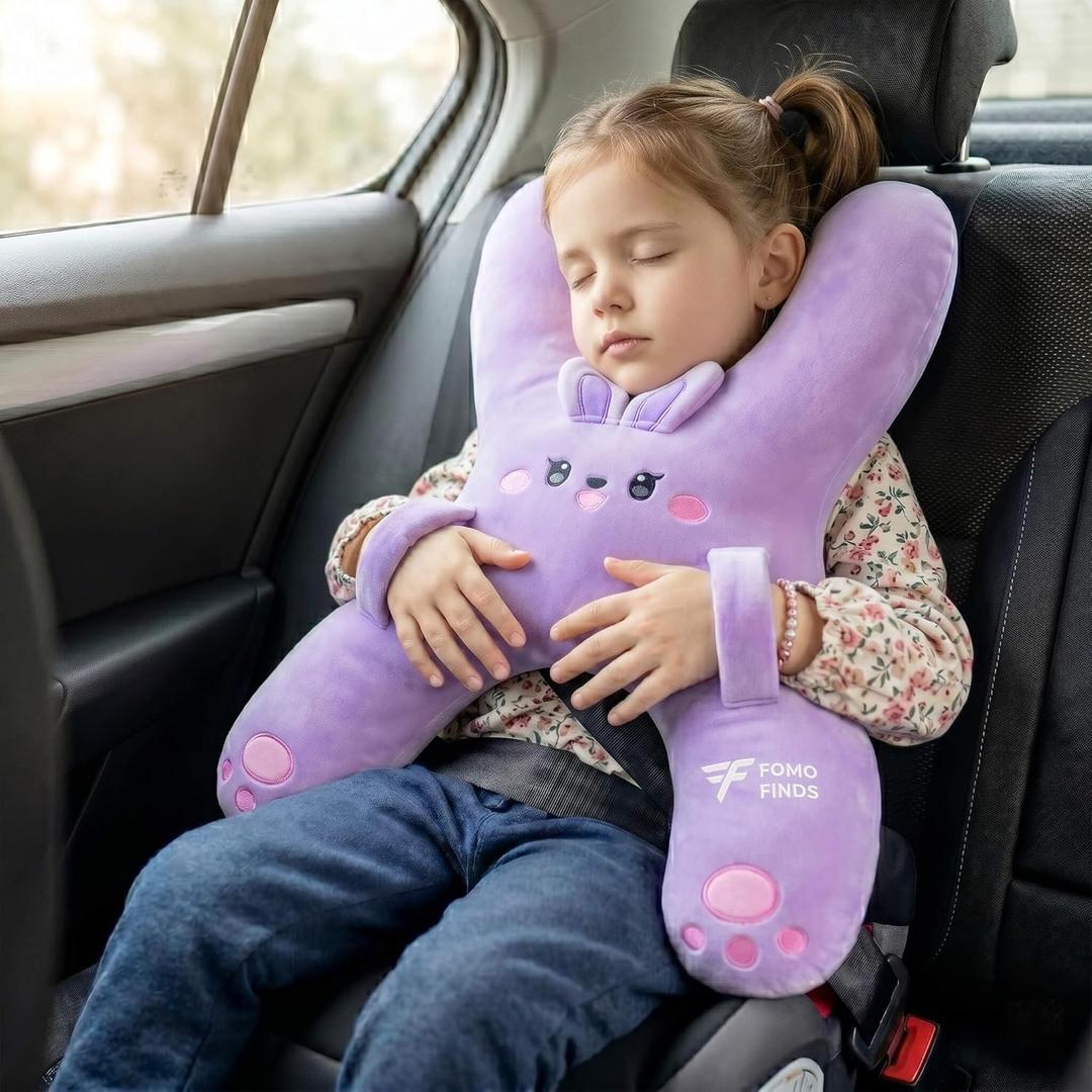 Kids Car Sleeping Pillow - X-Shaped Plush Animal for Neck & Back Support - Hands & Seat Belt Slot - Machine Washable & Compressible - Perfect for Car, Plane, Train, Boat & More - Purple