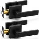 2 Pack Matte Black Door Handles Privacy Door Levers, Heavy Duty Bed and Bath Door Locks Interior Door Knobs, Reversible Keyless Flat Levers with Square Rosette