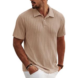 Mens Textured Polo Shirts Short Sleeve Classic Casual Collared Knit Polo Summer Golf Polo Shirts Apricot (Beige, S)
