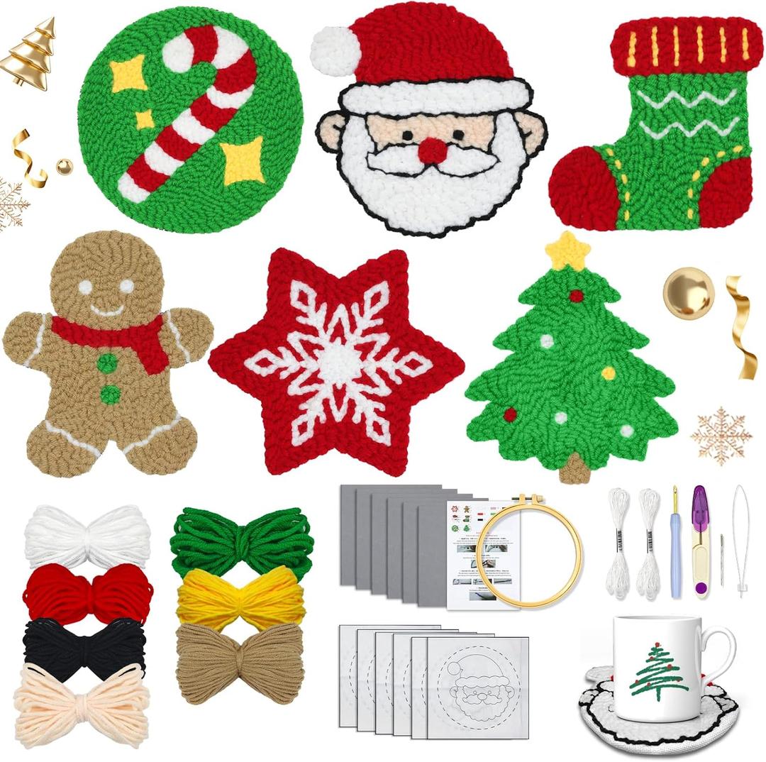Kenburg Punch Needle Kit Christmas Coasters Set of 6, DIY Embroidery Set for Beginners Adults Kids Including Patterns, Tools, Yarns, Hoop, Instruction, Coaster Holder Art Craft Supplies