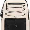 MOMUVO Classic Backpack for Women, Lightweight High School Bookbag for Teens Girls, Waterproof 15.6 Inch Laptop Bag with USB Charging Port for College Work Travel Trip, Black & Beige