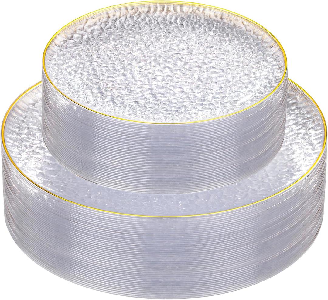 Hioasis 60pcs Clear Plastic Plates - Gold Rimmed Disposable, Hammered, Heavy-duty Dinnerware Set Suitable for 30 Guests, 10.25" Dinner & 7.5" Dessert Plates for Party & Wedding