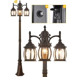 Dusk to Dawn Vintage Outdoor Post Light 82.7"H 3-Headed Lamp Post with Outlet IP65 Waterproof Street Lantern 3 Light Black Clear Glass Outdoor Lamp Post Lights E26 Outdoor Street Light Yard, Large