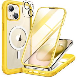 Miracase Glass Series for iPhone 15 Case [Compatible with MagSafe] Full-Body Magnetic Case with Built-in 9H Tempered Glass Anti-Fingerprint Screen Protector + Camera Lens Protector, Lemon Yellow