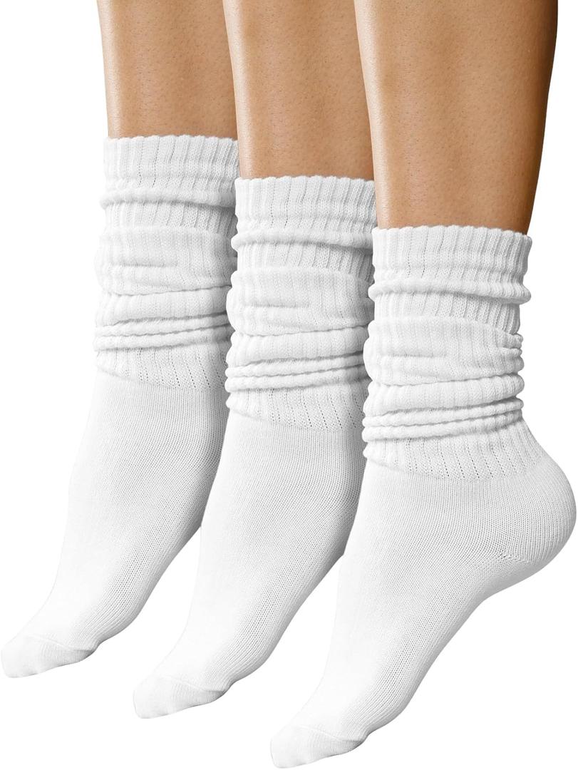 Winterlace Scrunch Slouch Socks 3 Pairs Womens Crew Knee High Extra Long Slouchy Premium Bulk Pack (One Size, White)