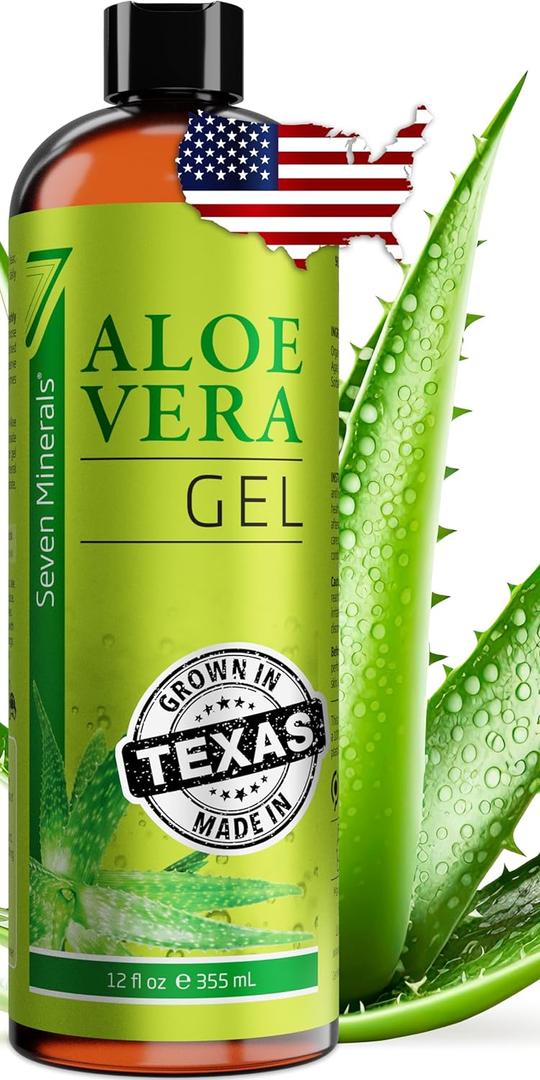 Seven Minerals Organic Aloe Vera Gel from freshly cut 100% Pure Aloe - Big 12oz - HighestQuality, Texas grown, Vegan, Unscented - For Face, Skin, Hair, Sunburn Relief, 13 Pack