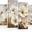 HOMEOART Flowers Wall Art For Living Room Rustic Flower Painting Prints Farmhouse Living Room Bedroom Decor, Framed Large 4 Pieces 48x34 inch, Brown and Gold, 4 Panels Overall: 34 H X 48 W Inch