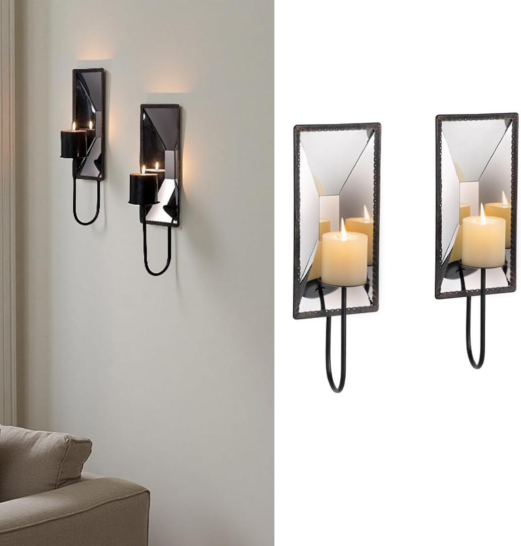AIM & GGKK Wall Candle Sconce Holder Set of 2, Metal Mirror Candle Sconce Wall Mounted with Reflective Backplate  Rustic Farmhouse Modern Decor for Living Room, Dining Room, Hallway