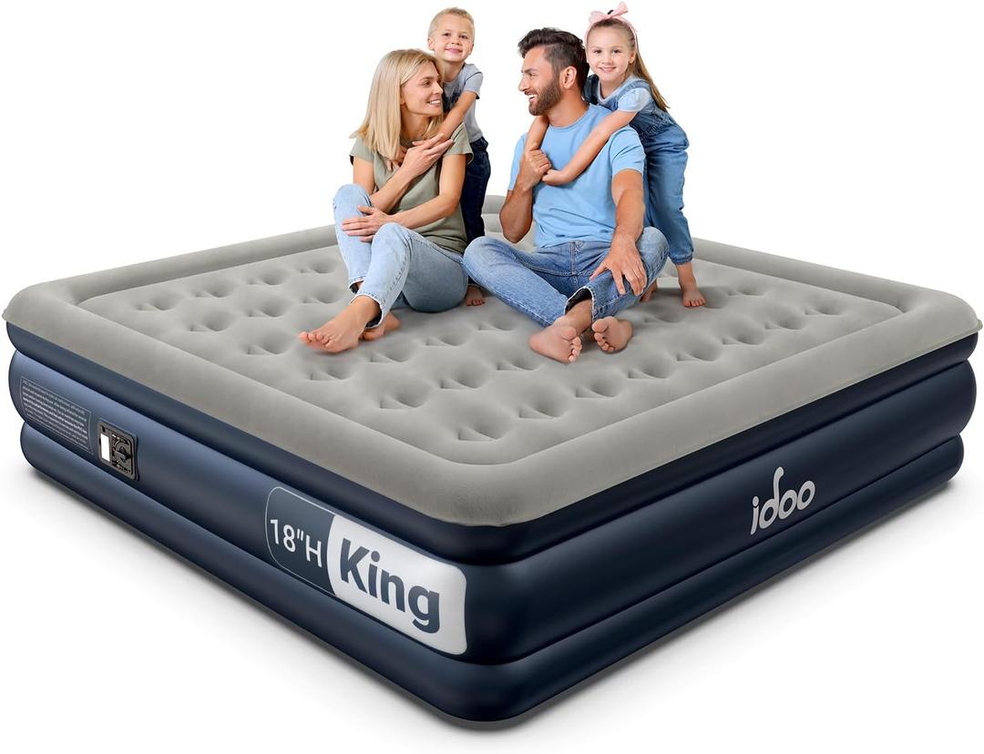 iDOO King Size Air Mattress With Built-In Pump, 18" Raised Inflatable Bed, Upgraded Guest Airbed With Storage Bag, 750 lbs Max, Grey
