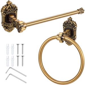 Antique Brass Towel Holder and Vintage Towel Ring Set, 2-Piece Wall Mounted Vintage Toilet Paper Holder with Round Ring for Bathroom, Kitchen, Laundry Room Rustic Hardware Accessories