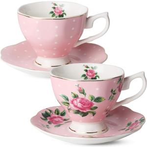 BTaT- Floral Tea Cups and Saucers, Set of 2, 8 oz, Fine Porcelain Teacup Set with Gold Trim for Afternoon Tea, Weddings, Parties & Gifting, Dishwasher Safe, Lightweight, Non-Toxic, Mothers Day Gift (Pink)