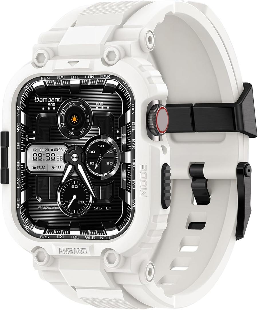 amBand Bands Compatible with Apple Watch 9/8/7 45mm, M1 Sport Series Rugged Case with TPU Strap Military Protective Tough Cover Bumper for iWatch SE2/SE/6/5/4/3 44mm 42mm Men White