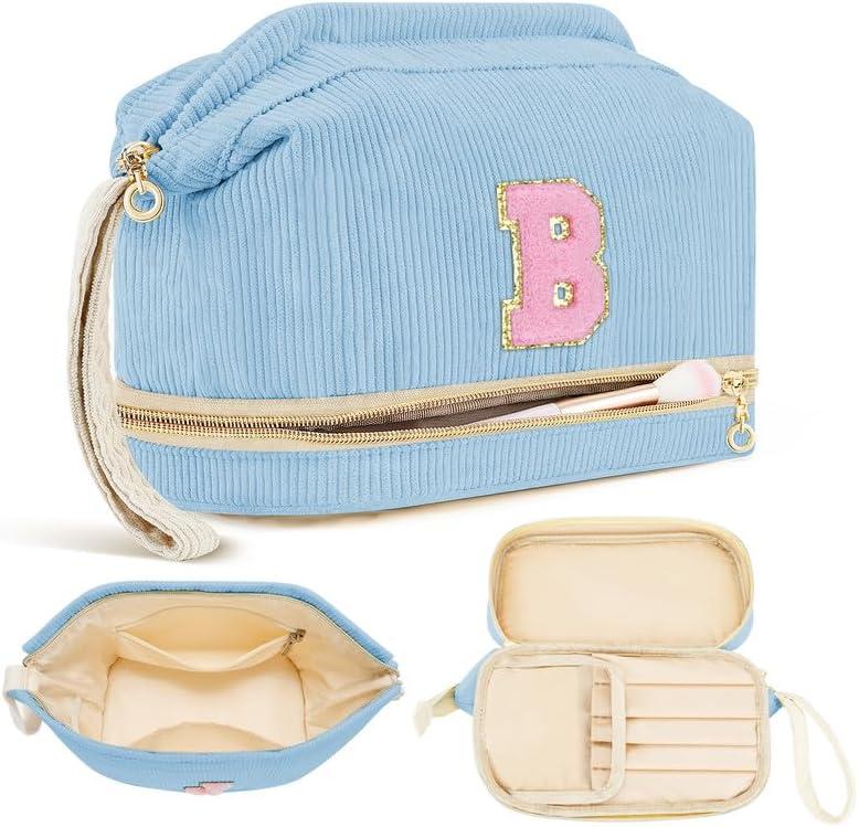 Initial Travel Makeup Bag for Women, Personalized Gift Large Double Layer Make Up Gift Cute Cosmetic Bag, Makeup Pouch Wide-open Roomy Makeup Travel Bags Birthday Thanksgiving Gifts for Her Blue -B