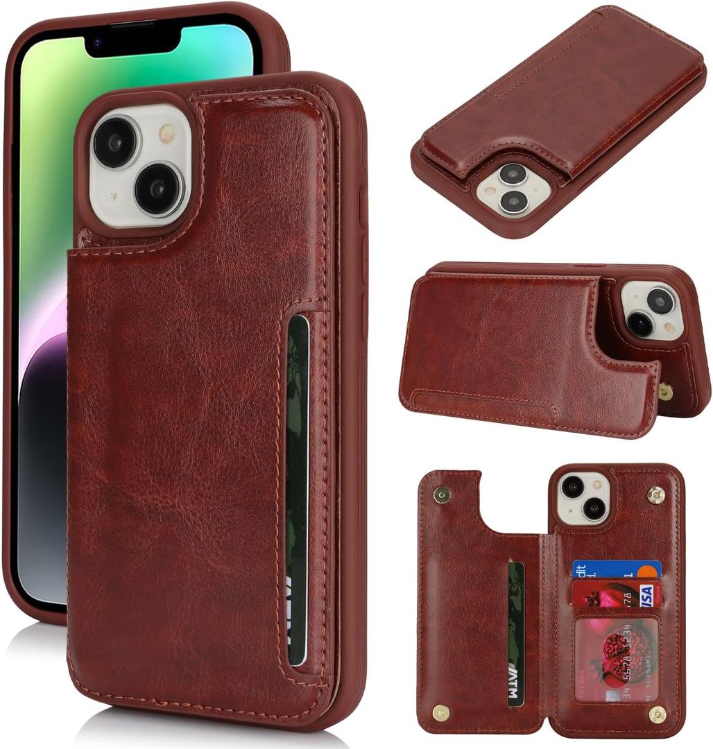 iCoverCase Compatible with iPhone 14 Case with Card Holder, Wallet Case for Women Men RFID Blocking PU Leather Protective Phone Case 6.1 Inch (Dark Brown)