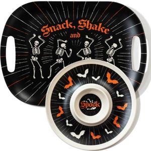 Oasis Choice 2-Pack Halloween Skeleton Serving Trays, 18" Large Handled Tray & 13" Chip & Dip Platter for Christmas, Party, BBQ, picnics and Birthday (Bamboo Fiber, Black, 18inch)