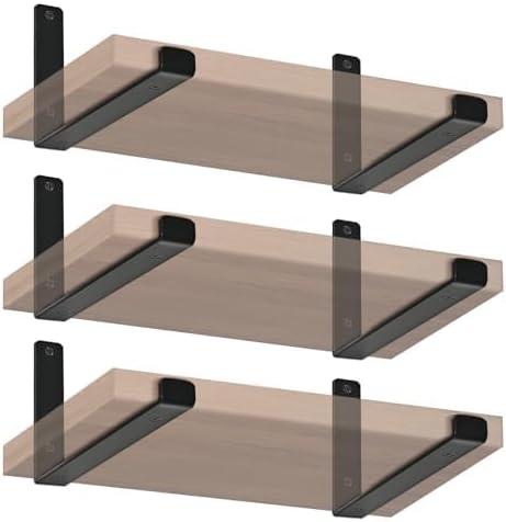 6 Pack - 9.25" L x 6" H x 1.5" W J Lip Shelf Brackets Rustic Farmhouse Iron Wall Floating Shelf Bracket Metal Shelf Bracket Industrial Shelf Supports with Screws Black