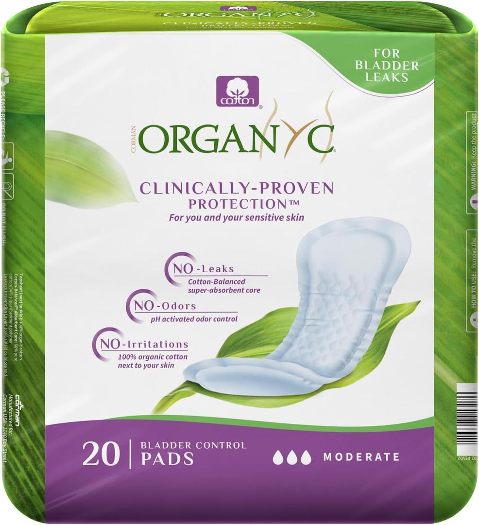 Organyc - 100% Organic Cotton Inside and Out Incontinence Pads for Bladder Leaks - Certified Odor Control, FSA/HSA Eligible, Moderate Flow, Regular Absorbency, 20 Count
