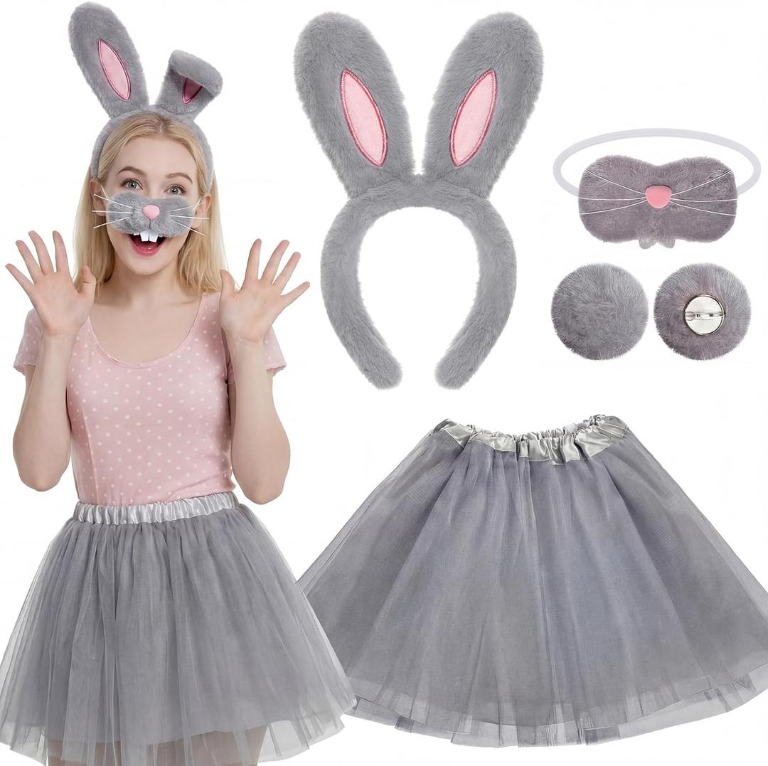 4 Pcs Easter Bunny Costume Set for Women Rabbit Ears Headband, Plush Tail, Nose & Tutu Skirt Easter Party Outfit (Gray)