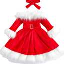 Toddler Baby Girl Christmas Dress Santa Claus Dress Red Velvet Long Sleeve Princess Tulle Dress Headband Outfit (1-2T)