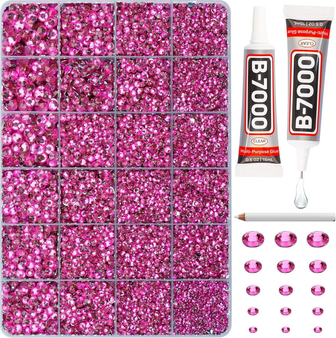 20100Pcs Hot Pink Resin Rhinestones 2,3,4,5,6mm Flatback for Bedazzling Crafting Crafts Clothing Clothes Fabric Shoes Nail Art, Flat Back Gems Diamonds Bedazzler Kit Bulk Jewels Crystals Gemstones