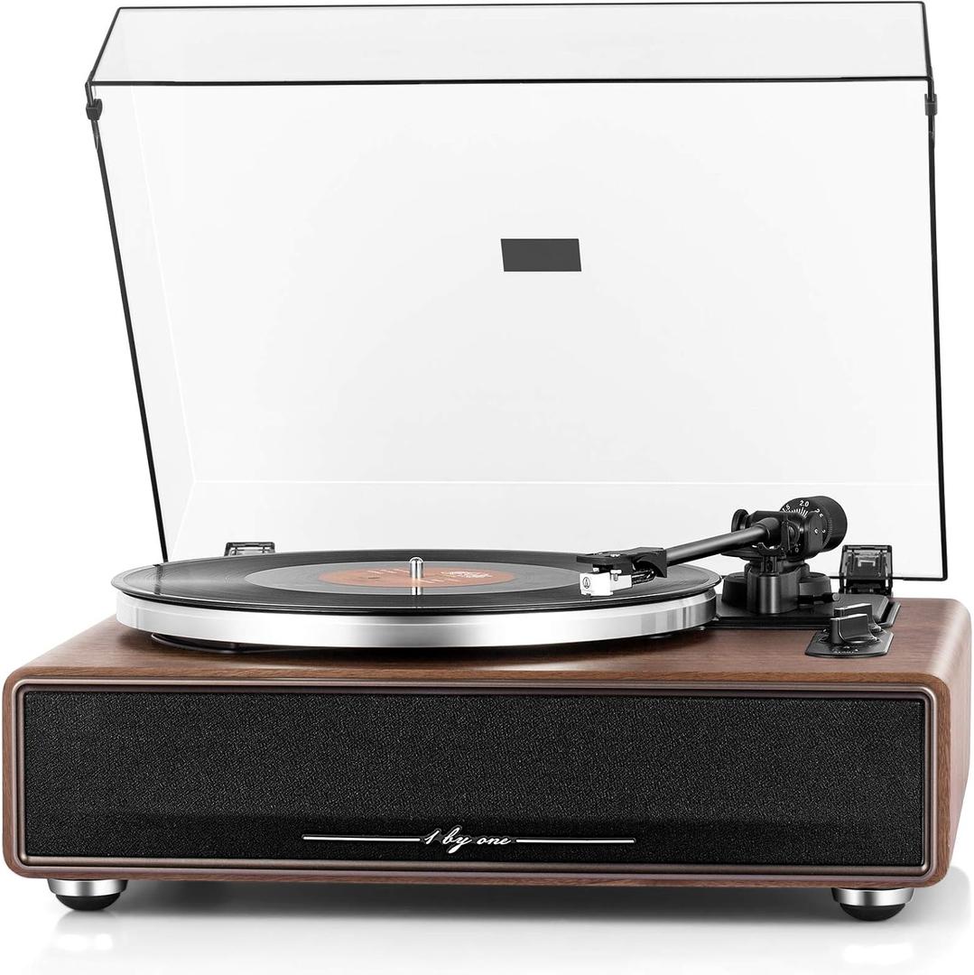 1 by ONE High Fidelity Belt Drive Turntable with Built-in Speakers, Vinyl Record Player with Magnetic Cartridge, Bluetooth Playback and Aux-in Functionality, Auto Off (Walnut)