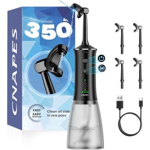 Cordless Water Flosser for Teeth - Portable Dental Flosser Pick with 360 Rotating U-Shaped Nozzle, 350ML Large Tank, 4 Modes, IPX7 Waterproof, 30-Day Battery Rechargeable for Travel & Braces (Deep Black)