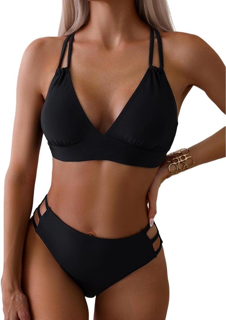 Tainehs Women's Push Up V Neck Bikini Sets Criss Cross Back Two Piece Bathing Suit (Large, Black)