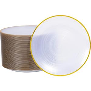 100PCS White Gold Plastic Plates, 10 Inch Heavy Duty Disposable Dinner Plates with Gold Rim, Round Party Plates for Wedding, Party, Camping, Picnic, Birthday