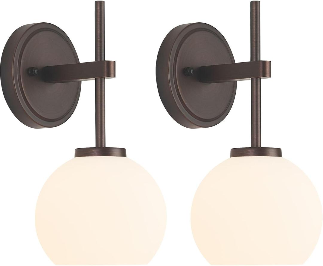 Oil Rubbed Bronze Wireless Rechargeable Wall Sconces Set of 2, Battery Operated Wall Lights with Remote Control, LED Dimmable Wall Lamp with Opal White Glass Shade, 12 Colors RGB & 3 CCT Bulb