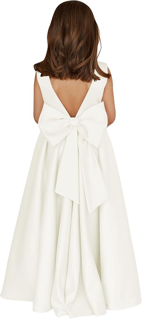 Flower Girl Dress Satin Knee-Lenght Toddler Dresses Elegant Formal Princess Dress for Wedding First Communion White 130
