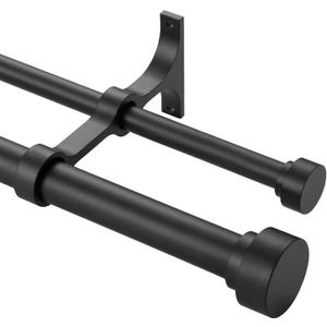 Heavy Duty Double Curtain Rods With Cylindrical Cap Finials 36 to 72" Telescoping 1 Inch Diameter Front and 5/8 Inch Diameter Back Window Drapery Rods, Matte Black