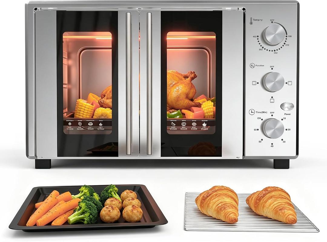 40.1QT Countertop Oven, 1600W French Door Toaster Oven With 3 Knobs, Silver, Extra Large