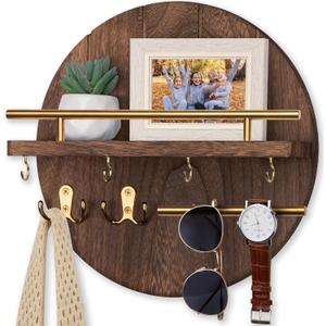 Nekon Key Holder Wall Mount, 11.8 Inch Rack With Shelf and 6 Hooks, Rustic Mail Organizer, Circular Wooden Hanger for Entryway Hallway Kitchen (Brown&Gold)