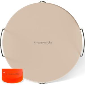 KitchenStar 16-inch Pizza Stone for Oven and BBQ Grill with Handles, Round, 5/8" Thick - Natural Cordierite, 1800 F Resistant, Baking Stone Set with Stainless Steel Rack & Plastic Scraper Tool