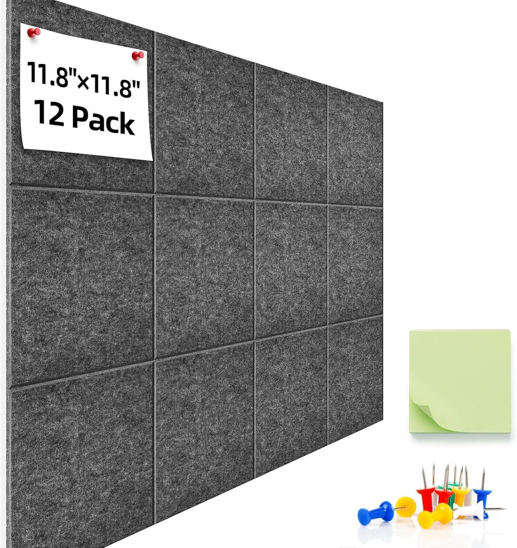 Large Cork Board for Walls - 12 Pack Black Felt Wall Tiles with Safe Removable Adhesive Tabs for Office Pin Board, Tack Board, 47"x35", Includes Push Pins & Sticky Tabs (Gray)