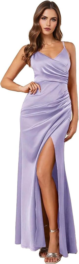 Womens V-Neck Satin High Slit Backless Maxi Dress Cross Front Ruched Adjustable Spaghetti Strap Bridesmaid Dress (Purple, M)