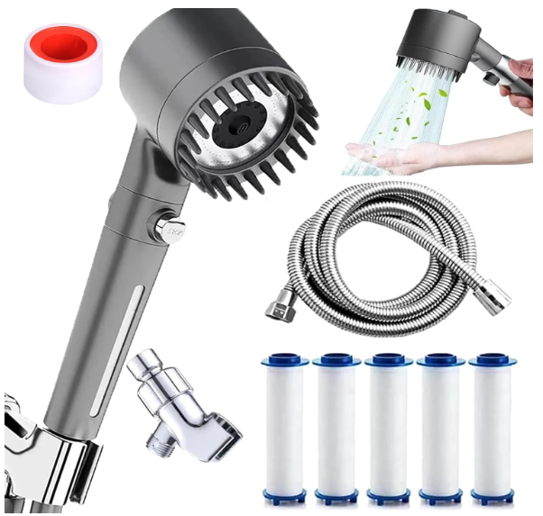 Ion Drops Shower Head, Filtered Shower Head with Massage Silicone Head, 3 Modes High Pressure, with 59” Hose, Bracket and 5 Filters, 1 PTFE Tape