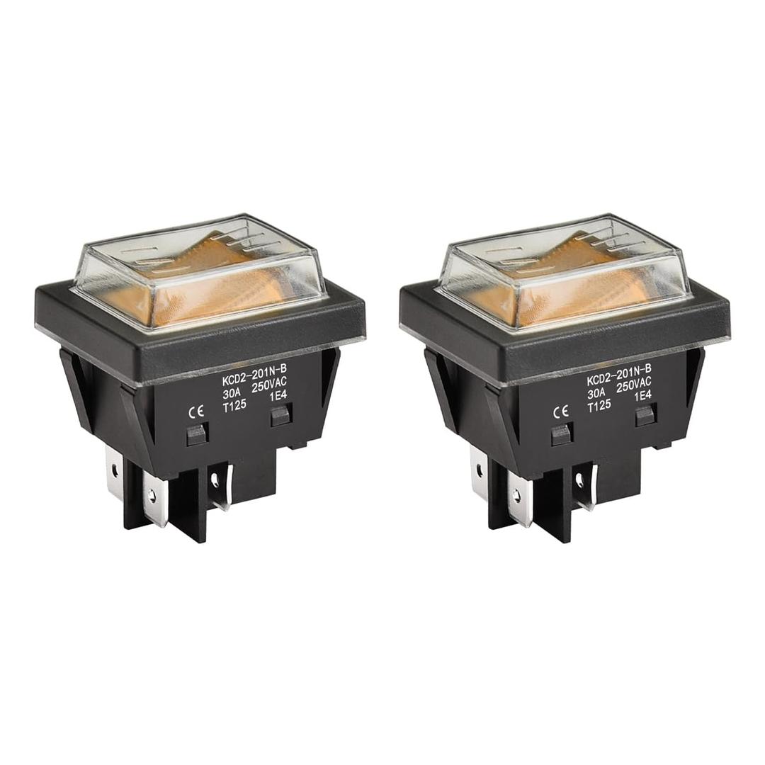 Heschen High Current Rocker Switch, 30A 250VAC, ON-OFF 2 Position, DPST, 4 Terminals, T125, with Waterproof Cover (2, Orange), KCD2-201N-B