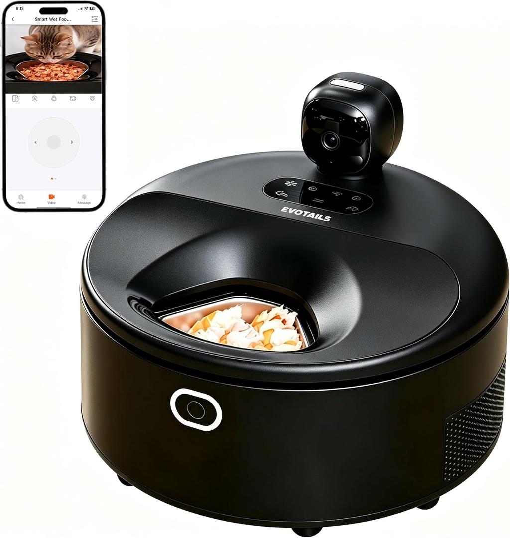 Wet Food Automatic Cat Feeder with Camera, Semiconductor Cooling & Heating with Stainless Steel Bowl, APP Control with Camera & Meal Call, 5 Fresh Meals Pet Food Dispenser (Black)