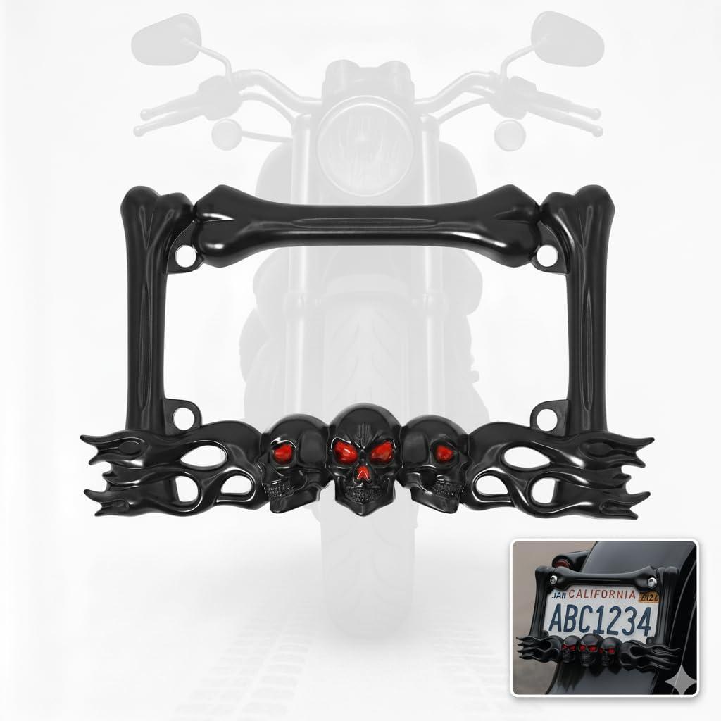 Motorcycle License Plate Frame, Heavy-Duty Motorcycle Plate Frame,Zinc Alloy Chrome, Fits 7 x4 inch Standard Plates, Compatible with Harley,Cruiser, Dual-Sport, Sport, Street Motorcycles (Black)