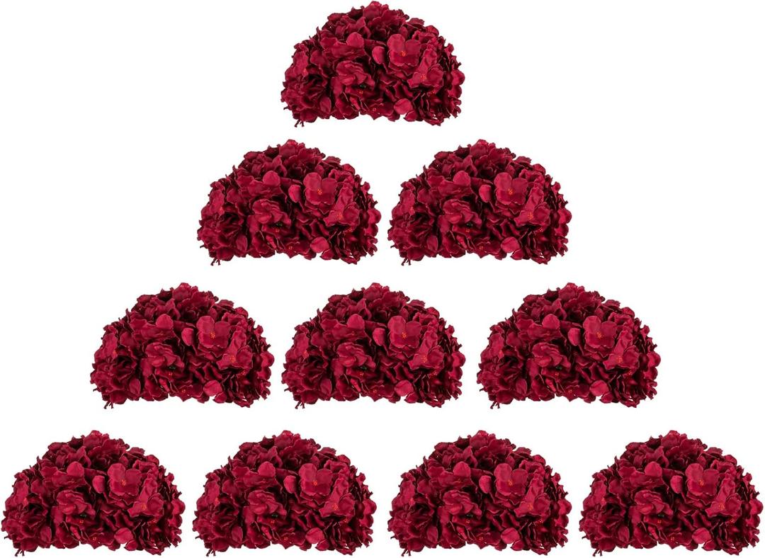 BLOSMON Hydrangea Artificial Flowers Ball Centerpieces 10 Pcs Burgundy Fake Flowers Silk Hydrangea Flower Balls Faux Hydrangeas Floral Arrangements Bouquet for Wedding Home Room Table Decoration